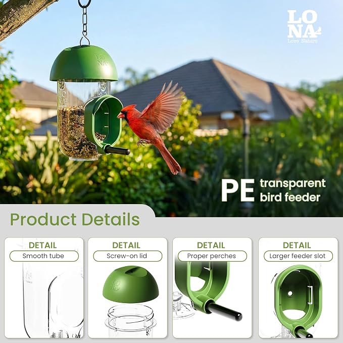 LONA Bird Feeders for Outdoors, Tube Feeder Weatherproof with Multiple Hanging Methods, Wild Bird Feeding Silo for Outside, 1 Port
