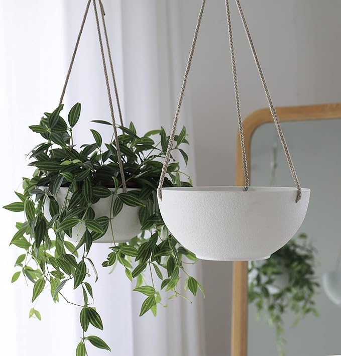 LA JOLIE MUSE White Hanging Planter Basket - 8 Inch Indoor Outdoor Flower Pots, Plant Containers W/Drainage Hole, Plant Pot for Hanging Plants, Pack 2