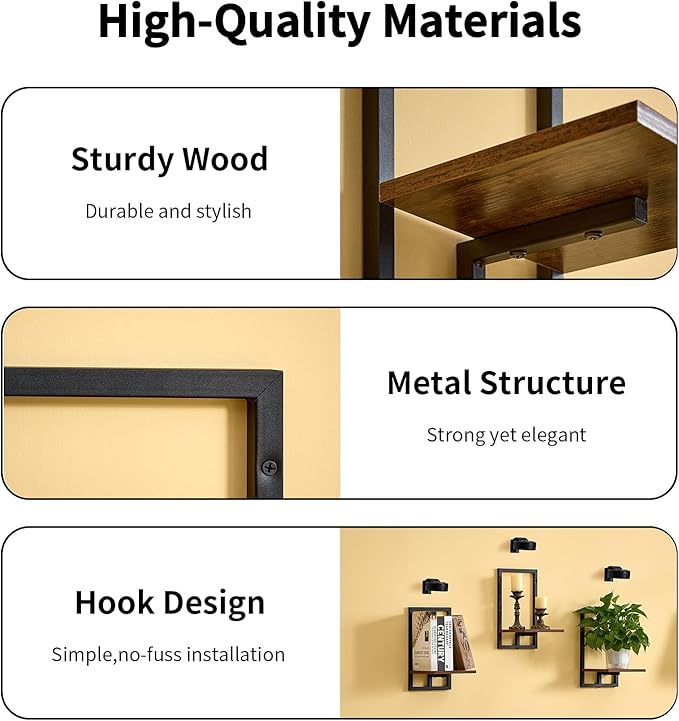 Wall Planters with Grow Lights, Set of 3 Floating Shelves for Indoor Plants, Bedroom, Living Room, Kitchen, Bathroom Decor, Rustic Brown