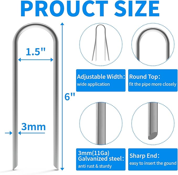 MySit 6 Inch 50 Pack U Shaped Garden Stakes, Heavy Duty 11 Gauge Galvanized Drip Irrigation Stakes Landscape Staples for 1/2" to 1-1/2" Soaker Hose, Weed Barrier, Yard Decorations, Fencing