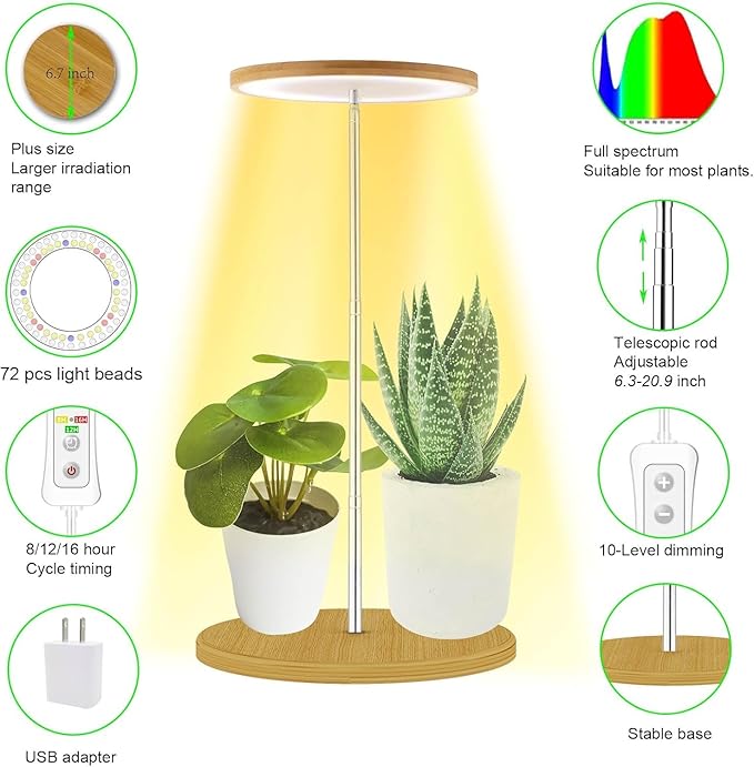 yadoker Plant Grow Light for Indoor Plant, Bamboo Mini LED Grow Light Garden,Height Adjustable,Automatic Timer with 8/12/16 Hours