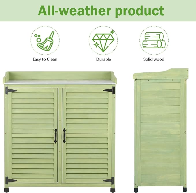 Outdoor Storage Cabinet & Potting Bench Table with Metal Work Top, Vented Louvered Doors, Wooden Patio Furniture, Garden Workstation, Green, 36x31x17in
