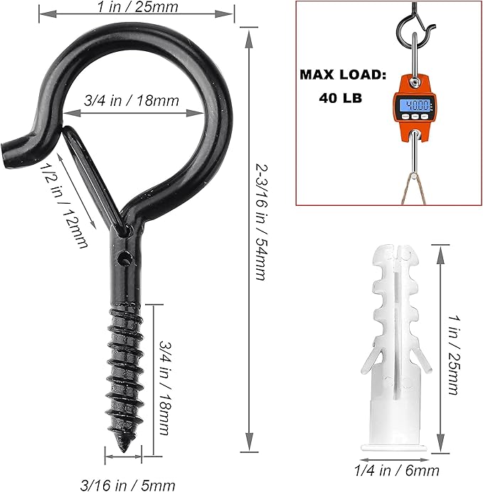 PlusRoc 20 Pack Outdoor Screw Hooks for Hanging Plants String Lights Heavy Duty, 2.2 Inch Eye Hook Screw in Cup Hooks Q-Hanger for Patio Lights, Ceiling Wall Wood Fence Deck Mount(Black)