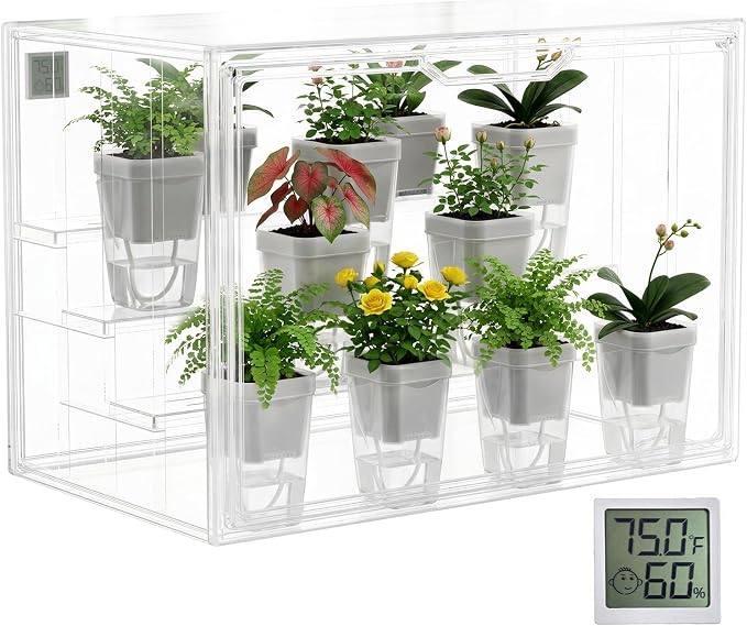 Clear Mini Indoor Greenhouse, with Hygrometer and Magnetic Door, Stackable | Small Tabletop Portable Green House (Plants and Pots are not Included)