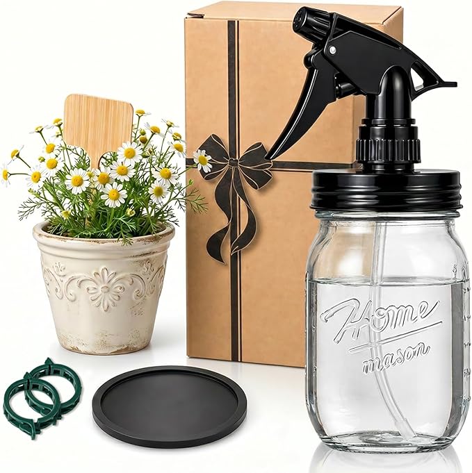 Glass Plant Mister Bottle -16 oz Vintage Style Mason Jar Fine Mist Sprayer - Refillable Leak Proof Water Spray Bottle for Plants, Gardening, Decorative with Adjustable Mist Nozzle (Clear)