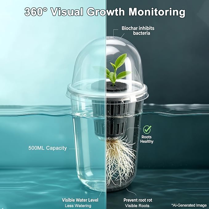10 Sets Transparent Hydroponic Pods Seed Starter Kit, 50 Biochar Sponges, 5in1 Indoor Growing System with Humidity Domes, Clear Self Watering Planters for Herbs, Cherry Tomatoes, Root Monitoring