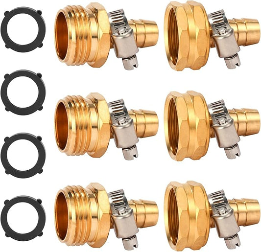 Brass Garden Hose Connector Repair Mender Kit with Stainless Clamp,Fits 1/2" Water Hose Fitting,3 Sets(1/2" Barb x 3/4" GHT)