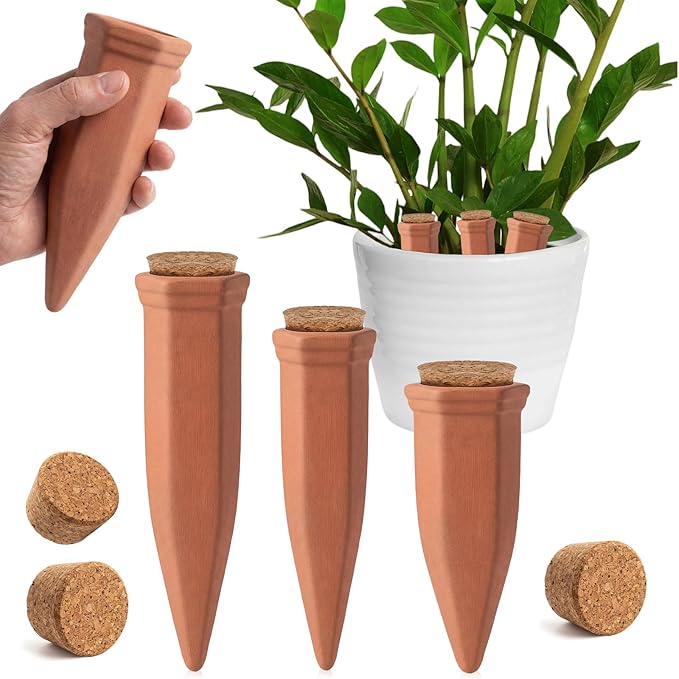 3 Pcs 4.9'' 5.9'' 6.7'' Terracotta Watering Spikes with Lid Automatic Plant Waterer Vacation Friendly Self Watering Planter Insert Plant Water Devices for Indoor Outdoor Plants, 3 Sizes