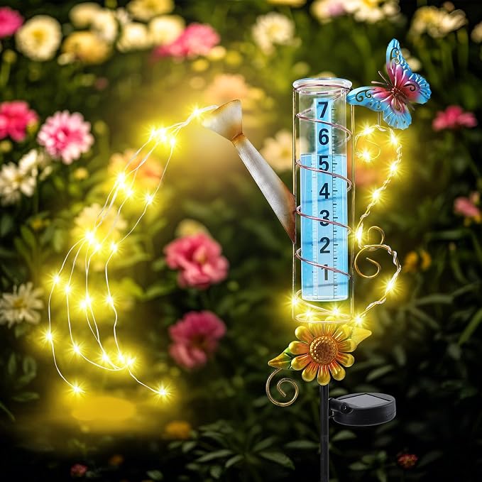 WONDER GARDEN Solar Rain Gauge Outdoor, Kettle Decorative Rain Gauges Outdoors Best Rated with Stream-Like LED Lights, Freeze Proof Water Rain Measure Gauge for Yard Patio Lawn Decor