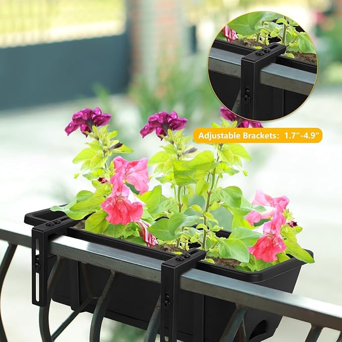 Balcony Planters Railing Hanging, Deck Railings Planter Boxes 16.9in, Railing Planter Box, Deck Planters for Railings, Railing Flower Box with Metal Brackets, Black (4Pcs)