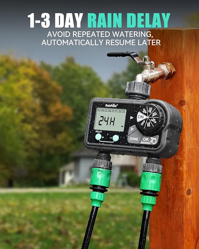 RAINPOINT Sprinkler Timer with 3 Different Programs, Hose Timer for Garden Hose with Rain Delay/Manual Watering/Automatic Irrigation System for Garden, 2 Outlet