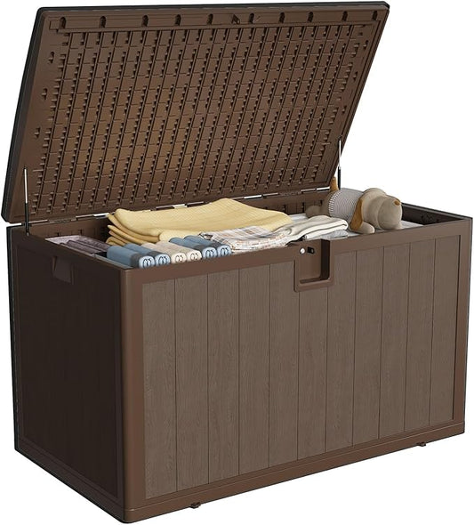 IDEALHOUSE 130 Gallon Resin Deck Box, Waterproof Outdoor Storage Box with Lockable Lid & UV Resistant, Patio Furniture Cushion Storage Container for Garden, Backyard, Poolside (Brown)