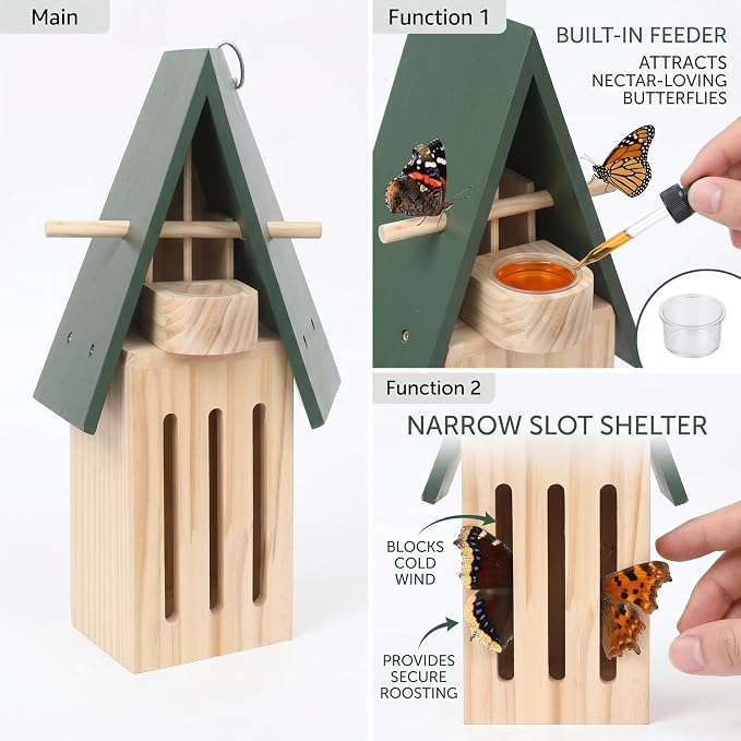 Butterfly House with Feeder - Wooden Butterfly Houses for Garden & Outside, 11.02x3.54x4.72 Inch