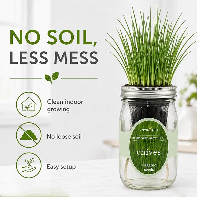 Hydroponic Herb Growing Kit, Self-Watering Mason Jar Herb Garden Starter Kit Indoor, Grow Your Own Herbs from Organic Seeds (Chives)