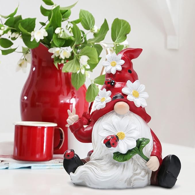 Hodao Spring Gnome Figurine Ladybug Decor, Cute Resin Garden Gnome with Floral Hat, Indoor Outdoor Home Decorations, Shelf Desk Ornament, Seasonal Gift for Family Friends Housewarming Birthday