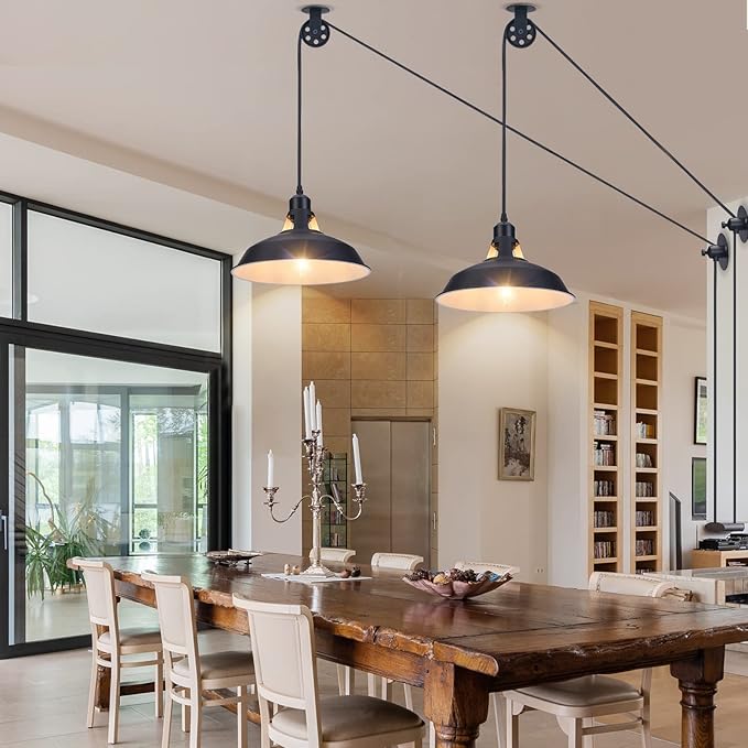 Lomoky Plug in Pendant Light, Hanging Lamp with Black Barn Pendant Lighting with 14.76ft Cord On/Off Switch, Adjustable Pulley Hanging Pendant Lighting for Kitchen Bedroom Restaurant 2 Pack