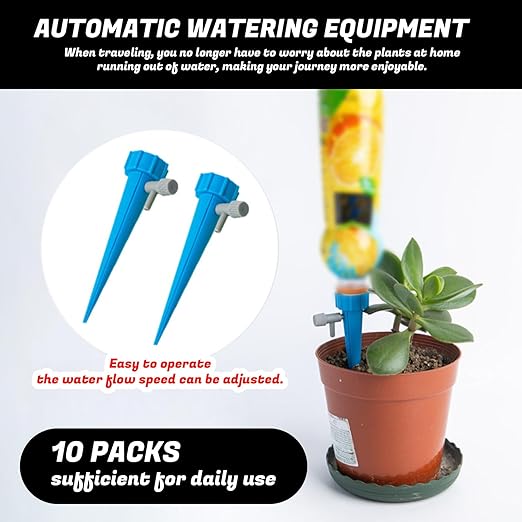 10 Pack Plant Watering Devices - Self Watering Planter Insert Spikes with Adjustable Valve, Automatic Watering Bulbs for Indoor & Outdoor Pots, Vacation Plant Watering System