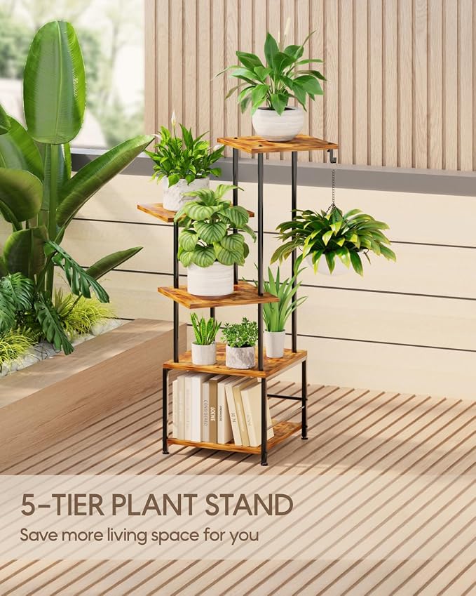 Homsorout Plant Stand Indoor - 5-Tier Metal Plant Shelf with Hanging Basket Hook, Corner Tall Flower Holder for Multiple Plants, Living Room Balcony Garden Patio, Rustic