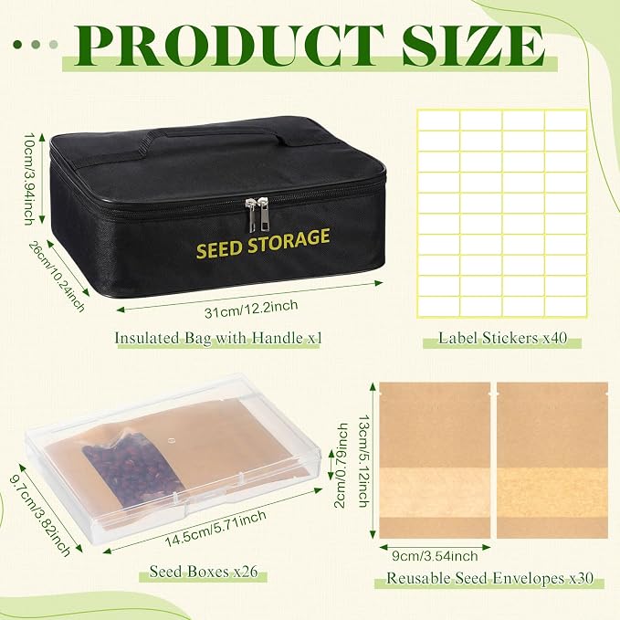 Redbaker 26 Slots Seed Storage Organizer Box with Insulated Bag 30 Seed Envelopes Bag and 40 Label Stickers, Garden Seeds Container for Plant, Flower, Vegetable Seeds