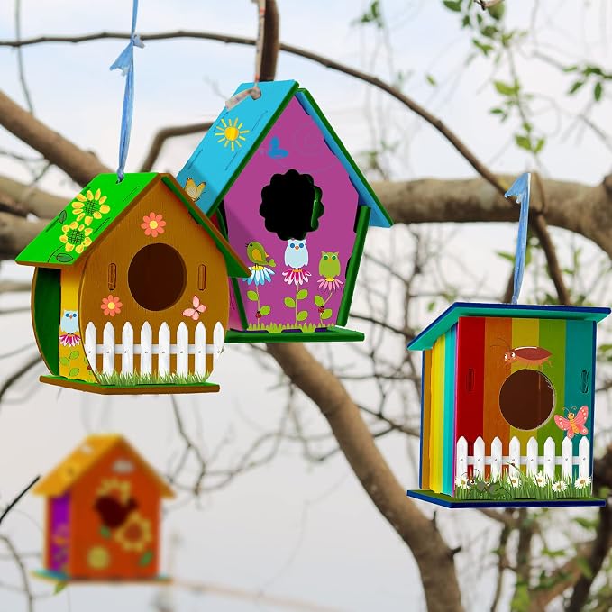 Kisston 272 Pcs DIY Birdhouse Kits for Kids Ages 5-8, 8-12, 120 Wooden Bird Houses Kit in 6 Shapes and 152 Stereoscopic Butterfly Sticker for Children Craft Class Activity Art DIY Project