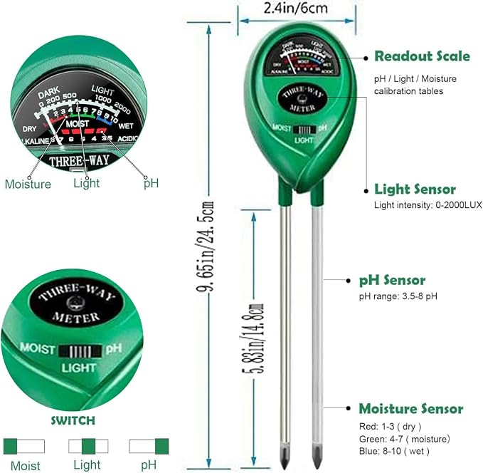 Soil Tester, Soil Test Kit Acidity Water, 3-in-1 Plant Moisture Meter Light/Moisture/PH Tester for Home, Garden, Lawn, Farm, Indoor and Outdoor Use, Promote Plants Healthy Growth