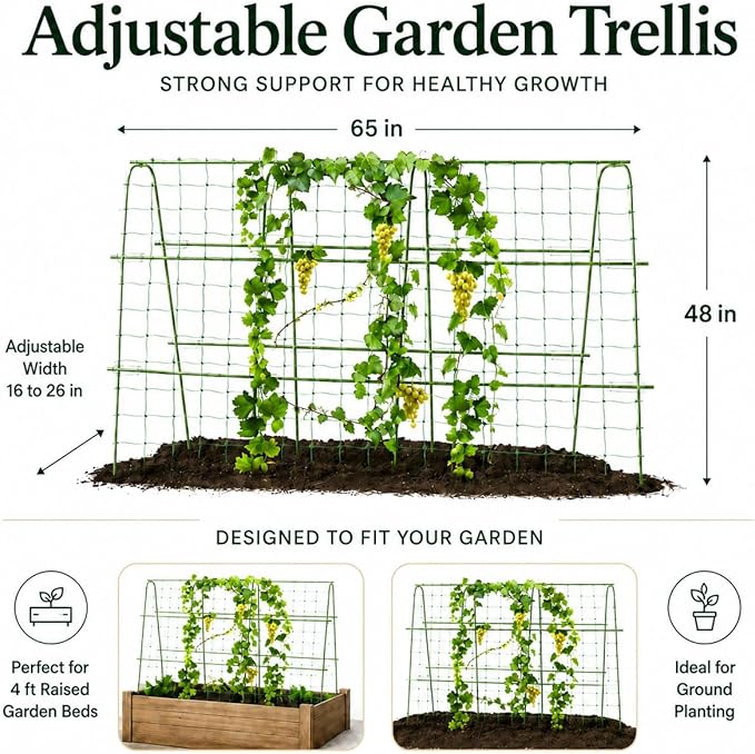 Outdoor Metal Arch Trellis, U Shape Garden Trellis for Climbing Plants, Pea, Vegetable and Grape Vine Support Frame for Raised Beds, Planter Pots, Patio and Yard, Adjustable Width, Green