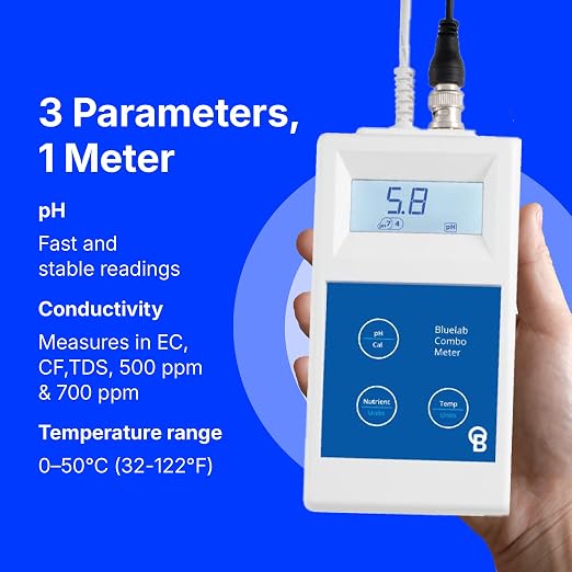 Bluelab Combo Meter for pH, Temperature & Conductivity in Water - Easy Calibration, Digital EC/TDS/PPM Tester for Hydroponics & Indoor Plants (METCOM)