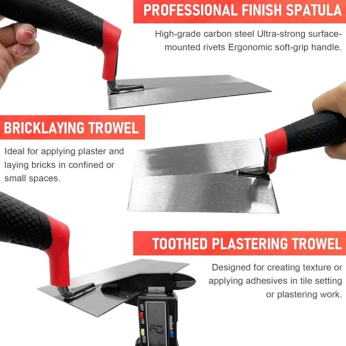 Bucket Trowel 3pcs/Set, Trowel Masonry Hand Tool Set, Carbon Steel Flat Bucket Brick Trowel Tool with Soft Grip Handle Concrete Tool (Black-C Set)