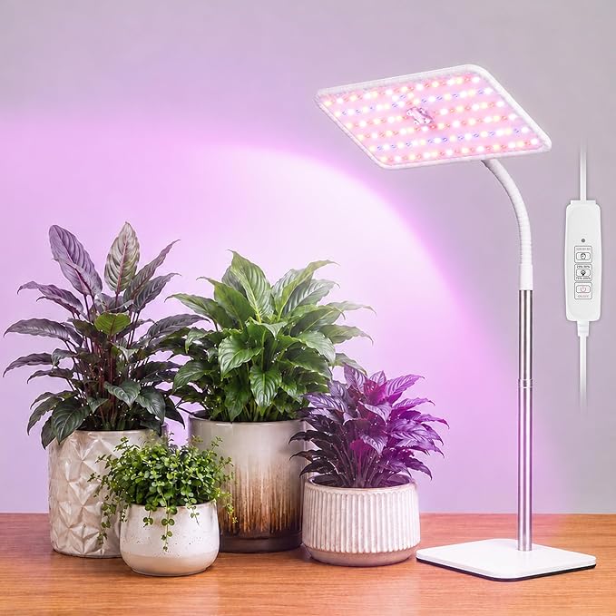 KINGPLUS Grow Lights with Stand, Full Spectrum Growing Light for Indoor Plants, 120 LEDs, 4 Dimmable Levels, Timer 4/8/12h, 12-60inches Height Adjustable,18w, Ideal for Desk Small Plants