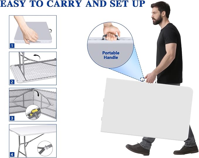 8FT White Folding Table for Outdoor, 8 Foot Picnic Tables No Assembly Required Portable, White Foldable Table for Camping, Parties, Meeting, Events, Wedding, BBQ, with Carrying Handle