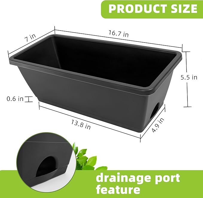 LOCONHA Window Box Planter, Plastic Vegetable Flower Planters Boxes 17 Inches Rectangular Flower Pots with Saucers for Indoor Outdoor Garden, Patio, Home Decor (7, Dark Grey)