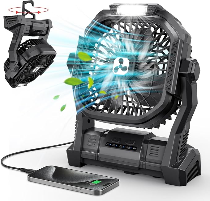 ONLYNEW Portable Fan Rechargeable, 20000mAh Cordless Battery Powered Fan with LED Lantern Battery Operated for Camping Travel Bedroom Home Tent Office Beach Desk Fishing Table