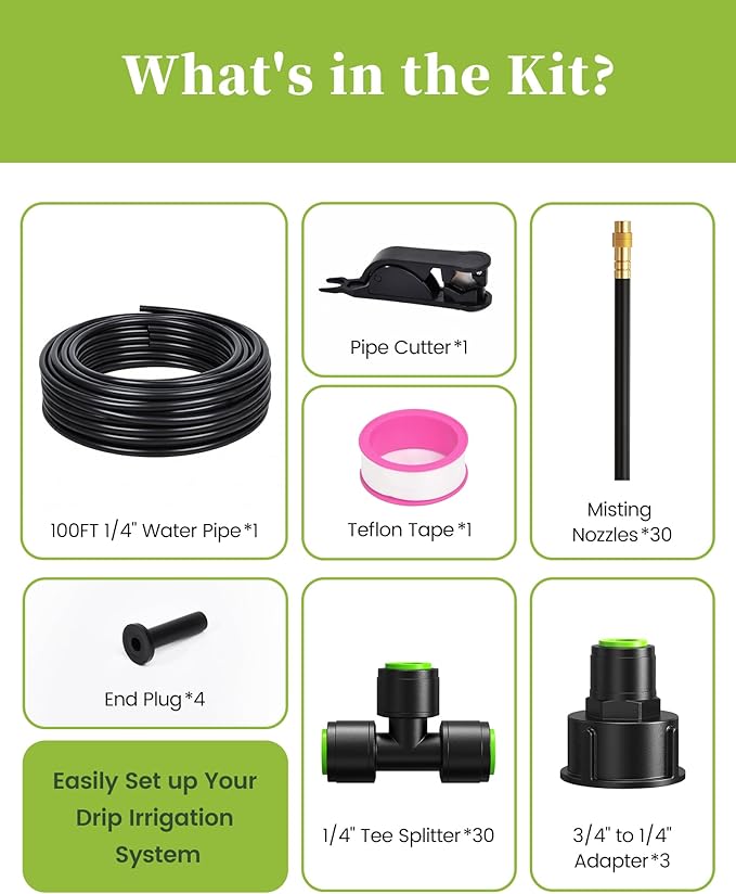RAINPOINT Drip Irrigation System, Garden Watering Kit with 360°Adjustable Copper Nozzles, Automatic Atomizing Watering Sprinkler System for Greenhouse, Lawn, Raised Beds, Outdoor Plants (Green, 100FT)