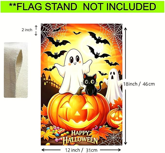 Happy Halloween Ghose Black Cat Garden Flags for Outside 12x18 Inch Double Sided, Small Burlap Holiday Outdoor Garden Flag Halloween Decorations for Home Porch Yard Lawn Décor