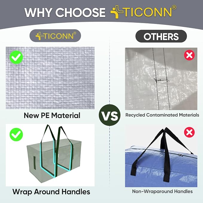 TICONN 8 Pack Extra Large Moving Bags Heavy Duty with Zippers & Carrying Handles, Durable Storage Bags Moving Boxes for Closet Organizers and Storage (8 Pack, Olive)