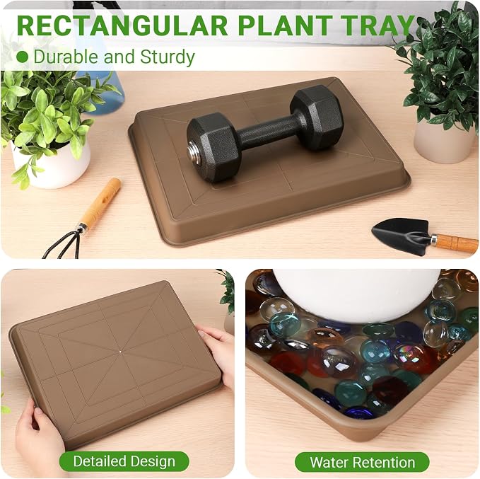 GREANER 3 Packs Plant Saucers for Indoors, 13 Inch Brown Plastic Tray, Rectangular Planter Trays and Saucers for Potted Plants