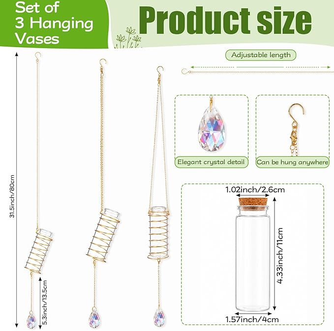 Sieral 3 Set Hanging Propagation Stations with Crystal Suncatchers Glass Propagation Station Planters with Metal Chain for Indoor Wall Hydroponic Propagated Plant Holder Home Decor Gift for Women