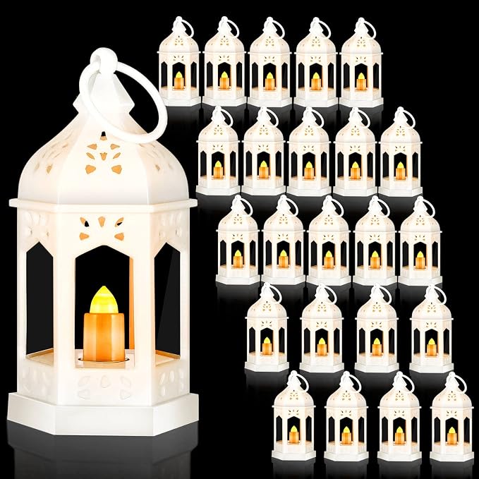 Hortsun 24 Pcs Vintage Lanterns Mini Lantern for Wedding Table Centerpiece Retro Decor with LED Candle Battery Powered Hanging for Medieval Wedding Cowboy Halloween Party Decoration Supplies(White)
