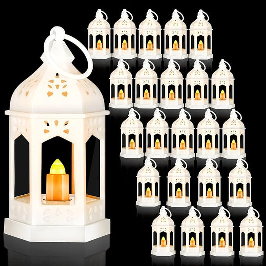 Hortsun 24 Pcs Vintage Lanterns Mini Lantern for Wedding Table Centerpiece Retro Decor with LED Candle Battery Powered Hanging for Medieval Wedding Cowboy Halloween Party Decoration Supplies(White)