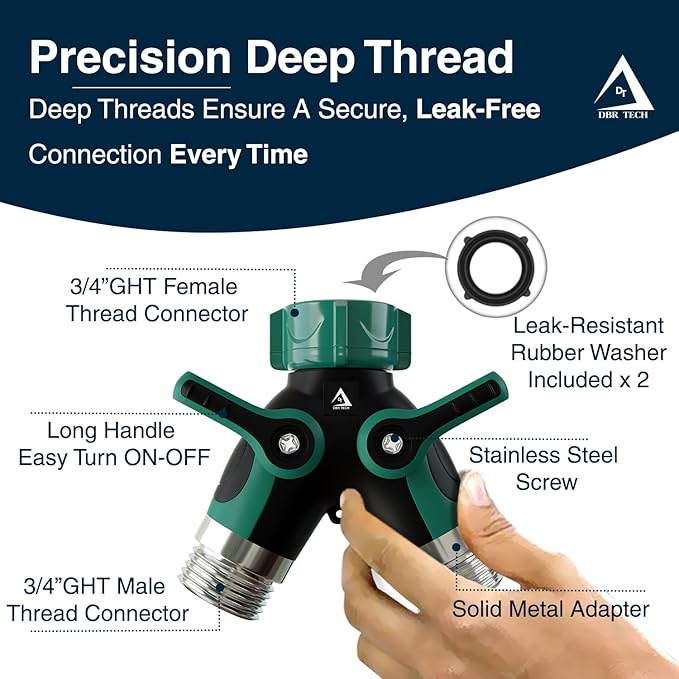 DBR Tech® Hose Splitter 2 Way, Heavy Duty Metal Connector, Two Way Garden Hose Splitter, High Flow Spigot Faucet Bib Adapter, Solid Double Y Shut Off Valve for Outdoor Gardening Hoses, Green
