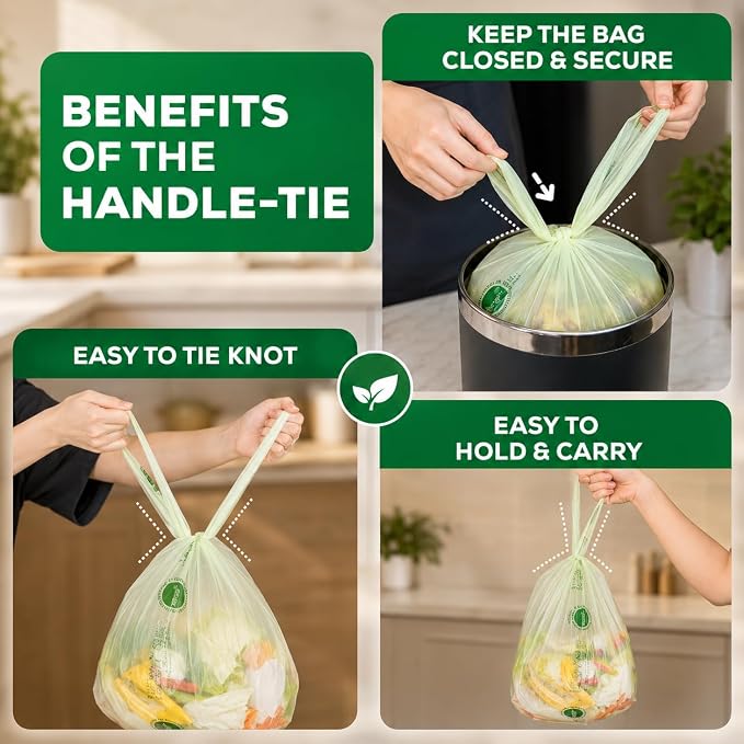 ANECO 4 Gallon Compostable Food Waste Bags with Handles, 30 Count | Extra Thick, For Medium Kitchen Garbage/Bathroom Bin, OK Compost HOME Certified, BPI Certified