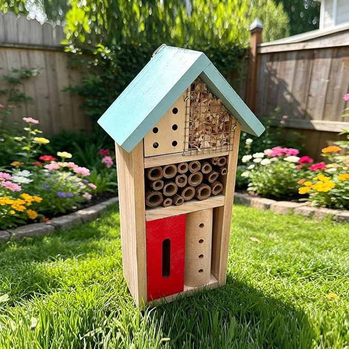 Wooden Insect Hotel for Garden - Bee House & Ladybug House, Pollinator Bug Hotel/Bug House to Attract Beneficial Garden Insects (Blue)