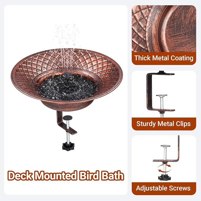 12.6" Deck Mounted Bird Bath for Outside, Metal Solar Powered Bird Bath Fountain, Heavy Duty Railing Clamp for Balcony Fence, Detachable Deck Bird Bath for Garden