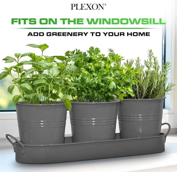 Plexon Herb Planter Indoor Garden Set of 3 with Tray, Metal Herb Pots for Indoor Plants, Round Kitchen Garden Kit Ideal for Windowsill Planter or Countertop, Gray Powder Coated