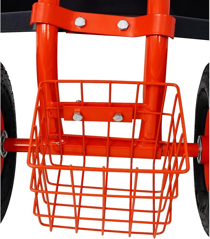 Rolling Garden Cart with Seat 360 Degree Swivel Seat Garden Scooter, Heavy Duty Garden Stool with Wheels, Utility Tool Tray Basket, Red