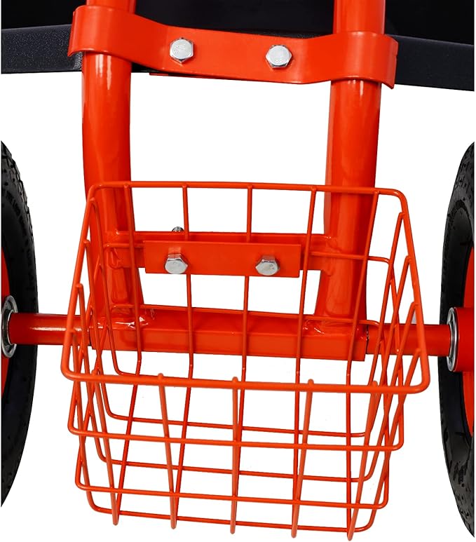 Rolling Garden Cart Wagon Scooter Lawn Yard Patio Work Seat Gardening Stool Cart with Extendable Steer Handle and Storage Basket, Adjustable 360° Swivel Seat (Red)