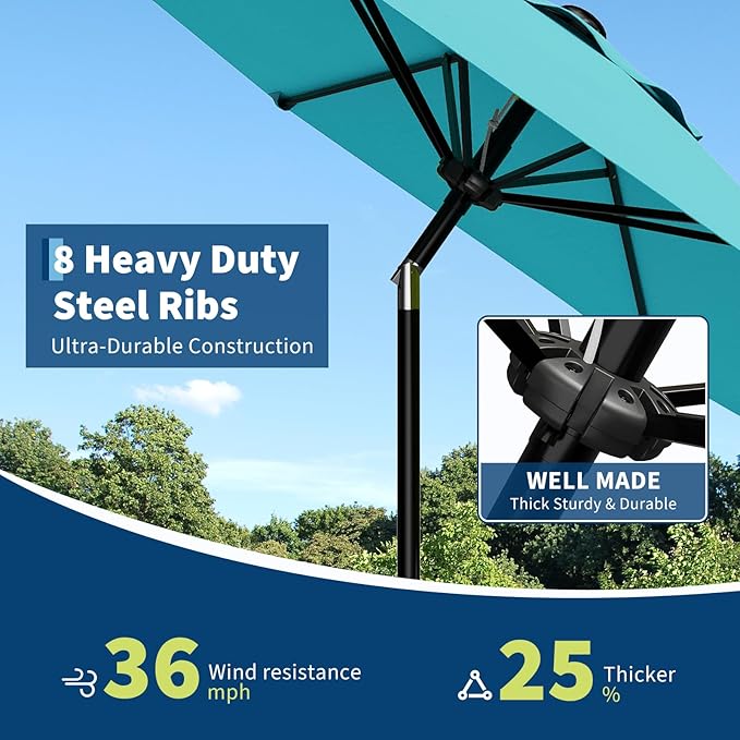 GarveeLife 9FT Umbrella Outdoor Patio, Table Umbrella with Push Button Tilt and Crank, 8 Sturdy Ribs Waterproof UV Protection for Garden, Pool, Deck, Backyard, Market (Sky Blue)