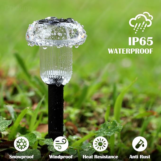 Priddop Solar Lights Outdoor Waterproof 8Pack 6000K Cold White LED Mushroom | Yard Pathway Garden Decorative Outside Landscape Path Lighting Patio Flowerbed Walkway Ground Pattern Acrylic Head ABS Stake