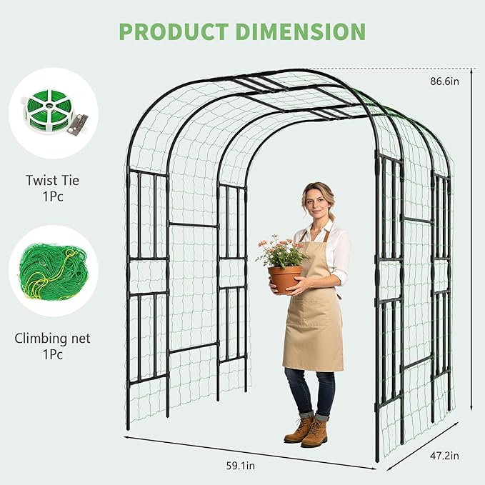DoCred Large Garden Arch Trellis for Climbing Plants, 87 Inch Tall Metal Plant Support Trellis Archway for Climbing Vine Vegetable/Fruit/Flower Outdoor Yard Lawn Garden Arch Tunnel Trellis