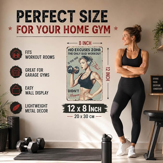 No Excuses Zone Vintage Gym Tin Sign for Women Home Gym Decor Motivational Metal Wall Art Retro Fitness Room Sign for Workout Room Garage Gym She Shed 12x8 Inch